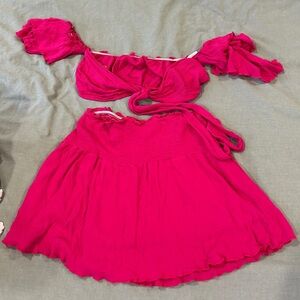 Tie front hot pink crop top and high waist mini skirt set